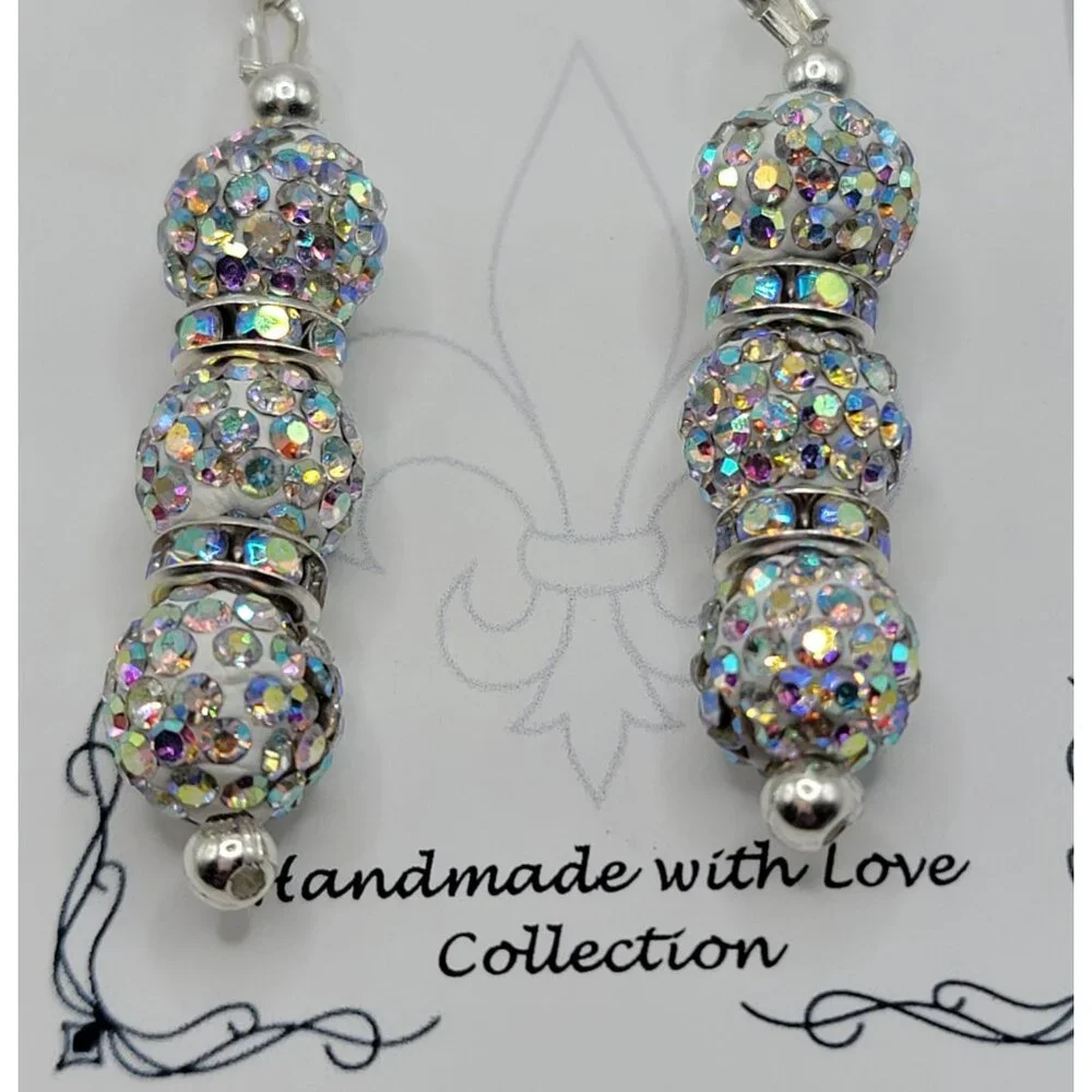 Handmade Clear Rhinestone Dangle Earrings - Picture 2 of 3